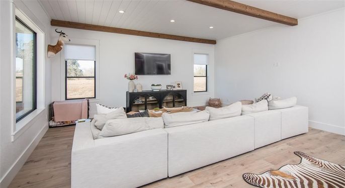 Interior, Living room, Recessed Lighting, Wooden Beams, Wood Texture Flooring
