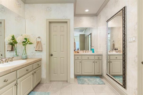Bathroom, Dual Sink Vanities, Interior, Recessed Lighting, Tile Countertops