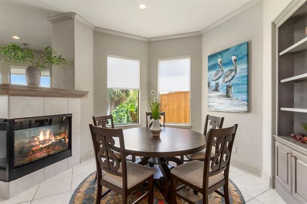 Dining room, Fireplace, Interior, Recessed Lighting