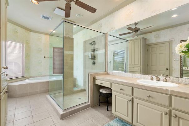 Bathroom, Glass Shower, Interior, Recessed Lighting, Tile Countertops