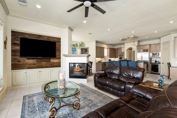 Fireplace, Interior, Kitchen, Living room, Recessed Lighting, Stainless Steel Appliances