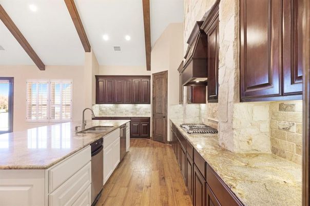 Interior, Kitchen, Recessed Lighting, Stainless Steel Appliances, Stone Walls, Wooden Beams, Wood Texture Flooring