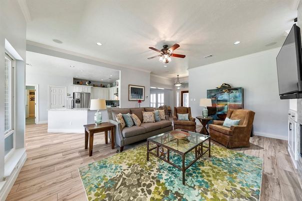 Interior, Kitchen, Living room, Pendant Lights, Recessed Lighting, Stainless Steel Appliances, Wood Texture Flooring