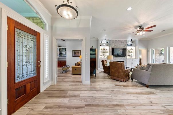 Fireplace, Interior, Living room, Recessed Lighting, Wood Texture Flooring
