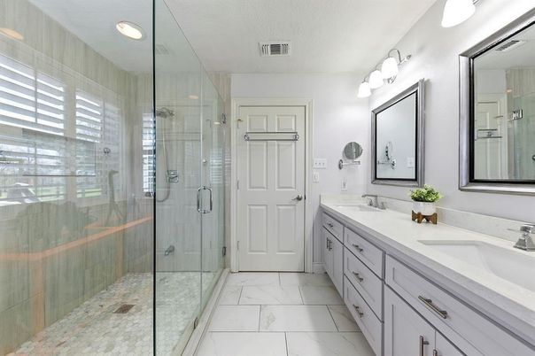 Bathroom, Dual Sink Vanities, Glass Shower, Interior, Marble, Recessed Lighting