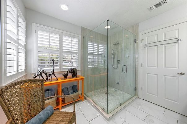 Bathroom, Glass Shower, Interior, Marble, Recessed Lighting