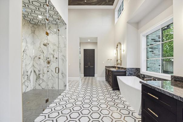 Bathroom, Free Standing Baths, Glass Shower, Interior, Marble Walls, Recessed Lighting