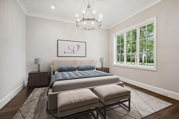 Bedroom, Chandelier, Interior, Recessed Lighting, Wood Texture Flooring