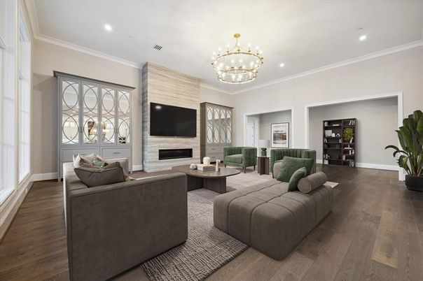 Chandelier, Fireplace, Interior, Living room, Recessed Lighting, Wood Texture Flooring