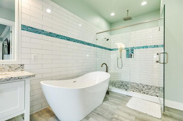 Bathroom, Free Standing Baths, Glass Shower, Interior, Recessed Lighting, Wood Texture Flooring