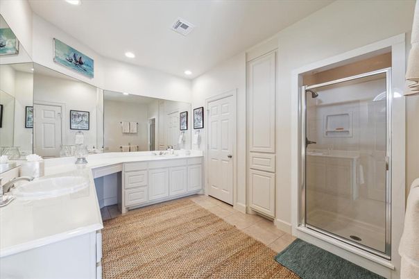 Bathroom, Dual Sink Vanities, Glass Shower, Interior, Recessed Lighting