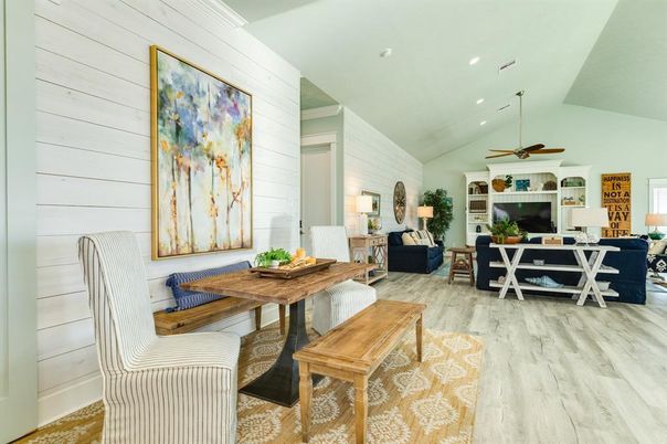Dining room, Interior, Living room, Recessed Lighting, Wood Texture Flooring