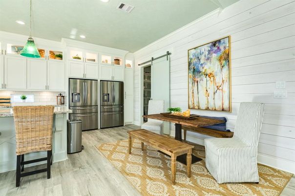 Dining room, Interior, Kitchen, Pendant Lights, Recessed Lighting, Stainless Steel Appliances, Wood Texture Flooring