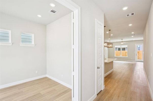 Empty room, Interior, Pendant Lights, Recessed Lighting, Wood Texture Flooring