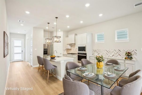 Dining room, Interior, Kitchen, Pendant Lights, Recessed Lighting, Stainless Steel Appliances, Wood Texture Flooring