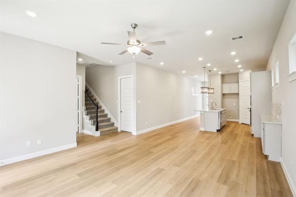 Empty room, Interior, Kitchen, Pendant Lights, Recessed Lighting, Wood Texture Flooring