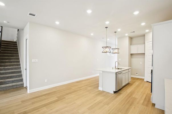 Interior, Kitchen, Pendant Lights, Recessed Lighting, Wood Texture Flooring