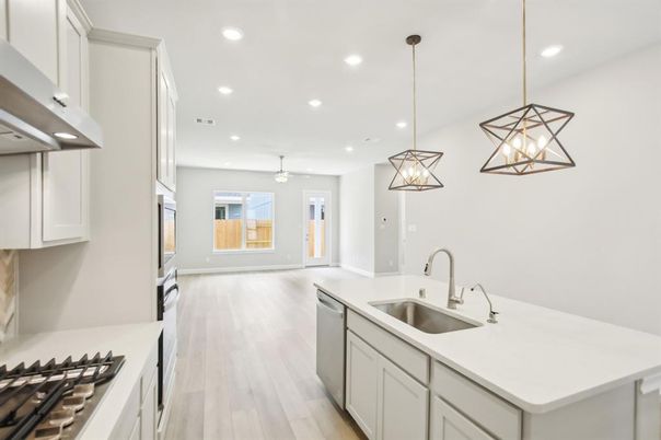 Interior, Kitchen, Pendant Lights, Recessed Lighting, Wood Texture Flooring