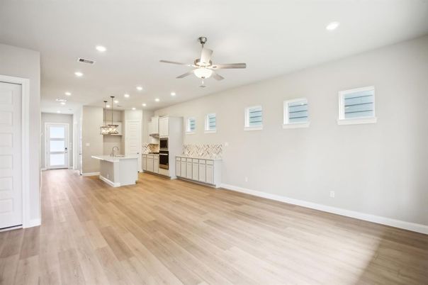 Empty room, Interior, Kitchen, Pendant Lights, Recessed Lighting, Wood Texture Flooring