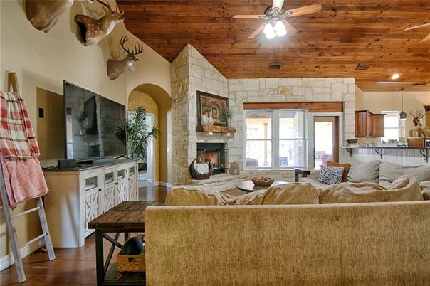 Fireplace, Interior, Living room, Recessed Lighting, Stone Walls, Wooden Ceilings, Wood Texture Flooring