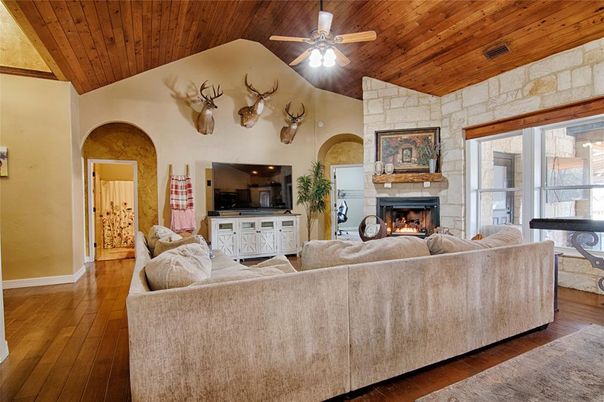 Fireplace, Interior, Living room, Stone Walls, Wooden Ceilings, Wood Texture Flooring