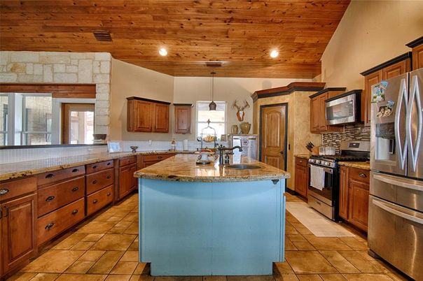 Interior, Kitchen, Pendant Lights, Recessed Lighting, Stainless Steel Appliances, Stone Walls, Wooden Ceilings