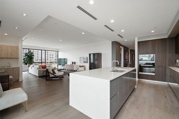 Interior, Kitchen, Living room, Recessed Lighting, Stainless Steel Appliances, Wood Texture Flooring