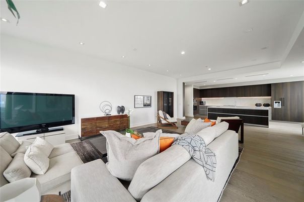 Dining room, Interior, Kitchen, Living room, Recessed Lighting, Stainless Steel Appliances, Wood Texture Flooring