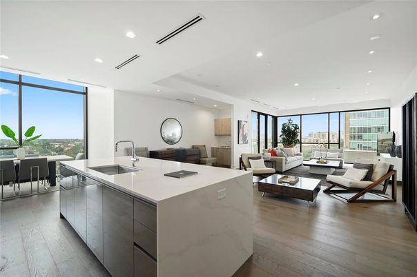 Dining room, Interior, Kitchen, Living room, Recessed Lighting, Wood Texture Flooring