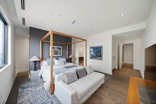 Bedroom, Interior, Recessed Lighting, Wood Texture Flooring