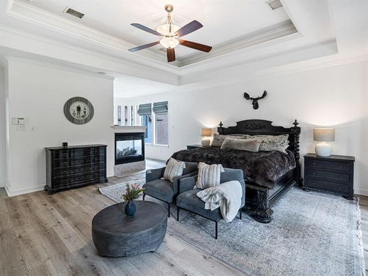 Bedroom, Fireplace, Interior, Wood Texture Flooring