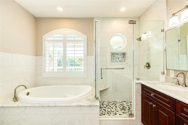 Bathroom, Glass Shower, Interior, Marble Walls, Recessed Lighting