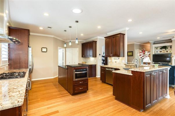 Interior, Kitchen, Pendant Lights, Recessed Lighting, Stainless Steel Appliances, Wood Texture Flooring