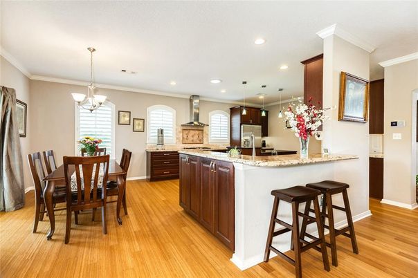 Dining room, Interior, Kitchen, Pendant Lights, Recessed Lighting, Wood Texture Flooring