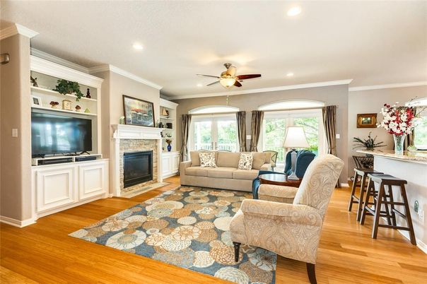 Fireplace, Interior, Living room, Recessed Lighting, Wood Texture Flooring