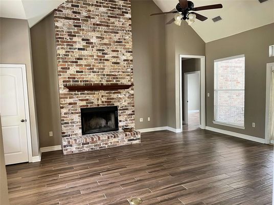 Empty room, Fireplace, Interior, Stone Walls, Wood Texture Flooring