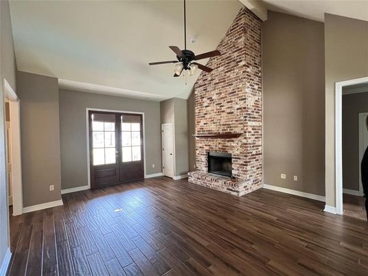 Empty room, Fireplace, Interior, Stone Walls, Wood Texture Flooring
