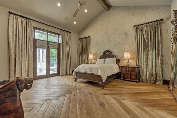 Bedroom, Interior, Recessed Lighting, Wooden Beams, Wood Texture Flooring