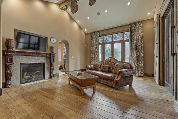 Fireplace, Interior, Living room, Recessed Lighting, Wood Texture Flooring