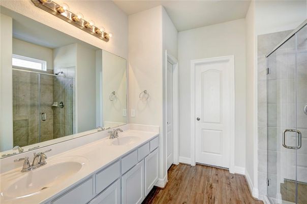 Bathroom, Dual Sink Vanities, Glass Shower, Interior, Wood Texture Flooring