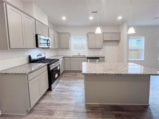 Interior, Kitchen, Pendant Lights, Recessed Lighting, Stainless Steel Appliances, Wood Texture Flooring