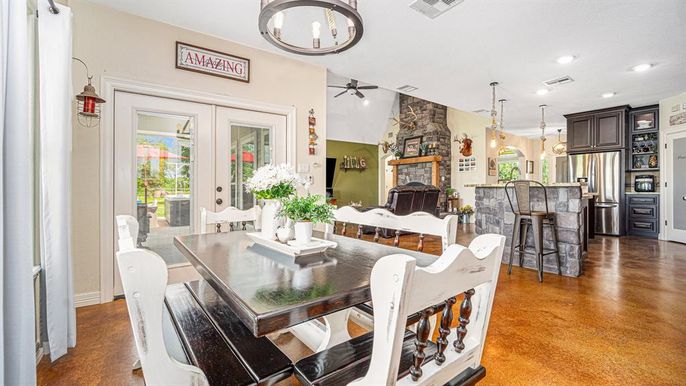 Dining room, Fireplace, Interior, Kitchen, Pendant Lights, Recessed Lighting, Wood Texture Flooring