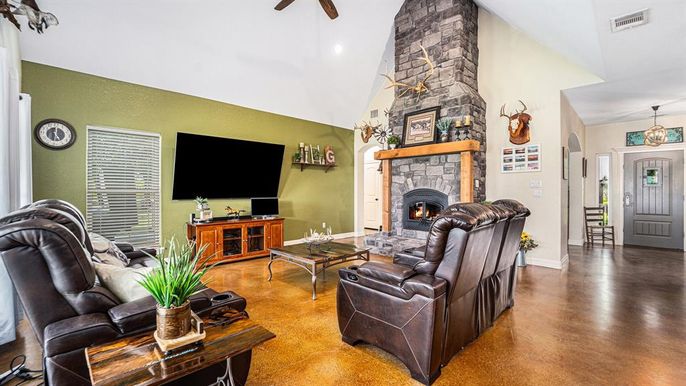 Fireplace, Interior, Living room, Pendant Lights, Wood Texture Flooring