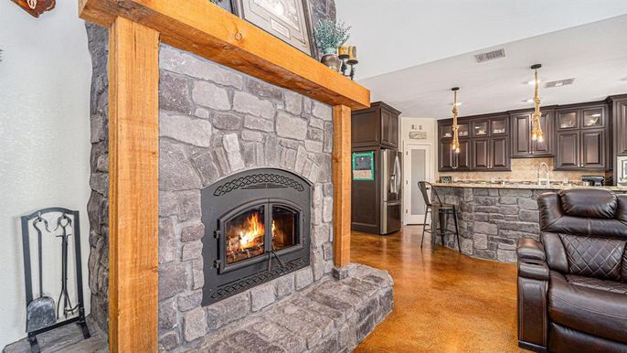 Fireplace, Interior, Kitchen, Pendant Lights, Stone Walls, Wood Texture Flooring