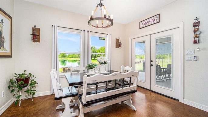 Chandelier, Dining room, Interior, Pendant Lights, Wood Texture Flooring