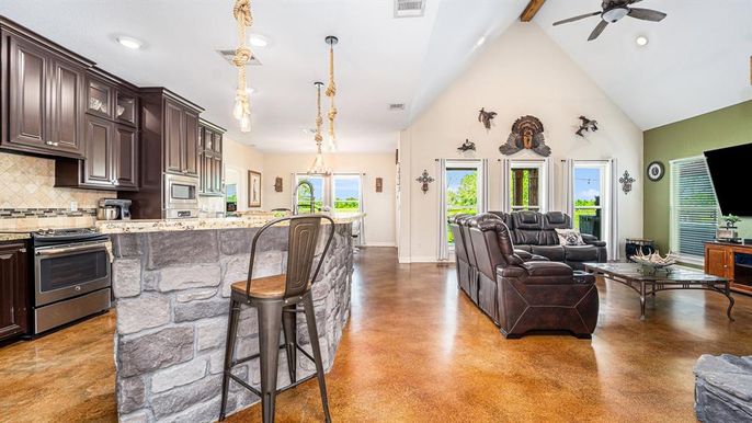 Interior, Kitchen, Living room, Pendant Lights, Recessed Lighting, Wood Texture Flooring