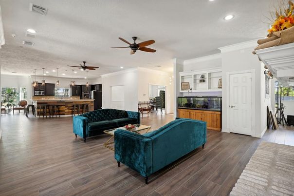 Dining room, Interior, Kitchen, Living room, Pendant Lights, Recessed Lighting, Wood Texture Flooring