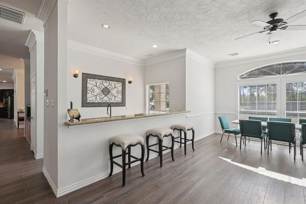 Dining room, Interior, Recessed Lighting, Wood Texture Flooring