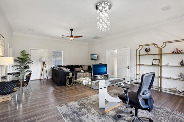 Home Office, Interior, Pendant Lights, Wood Texture Flooring