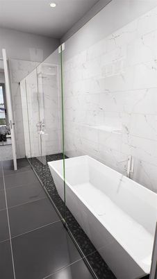 Bathroom, Glass Shower, Interior, Marble Walls, Recessed Lighting